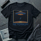 Aeternum Roman mosaic UFO t-shirt — flying saucer and abduction scene in blue and terracotta tile mosaic style on black cotton tee