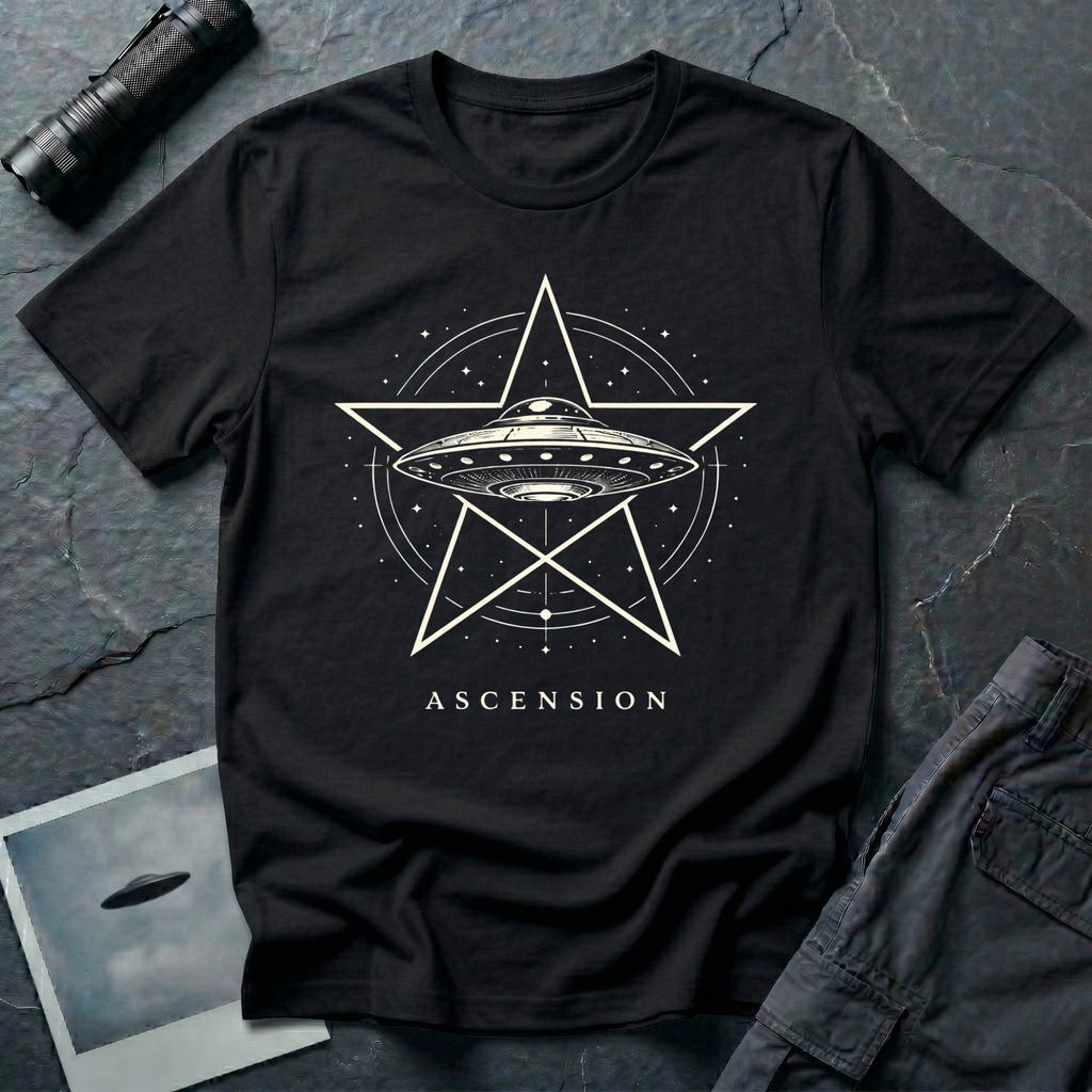 Ascension pentagram UFO t-shirt — flying saucer inside an upright five-pointed star with compass ring on black unisex cotton tee