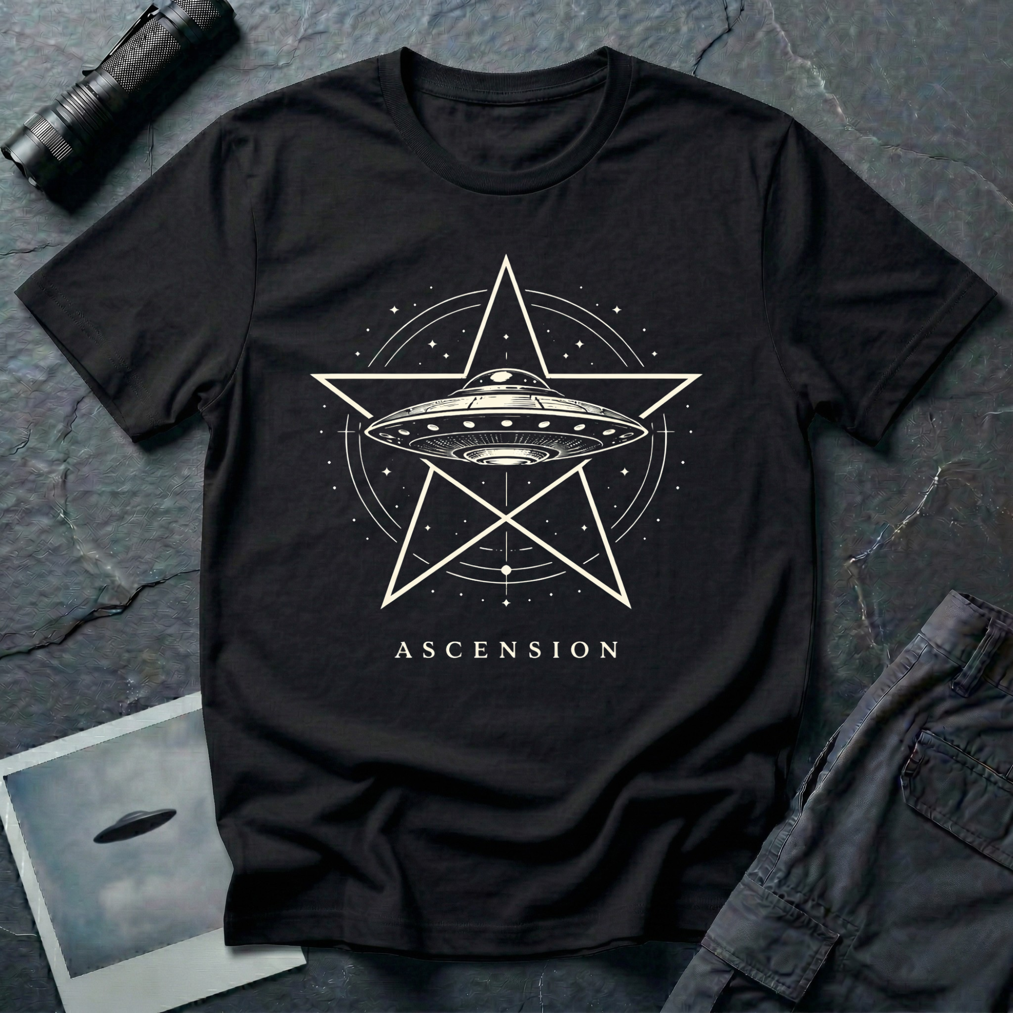 Ascension pentagram UFO t-shirt — flying saucer inside an upright five-pointed star with compass ring on black unisex cotton tee