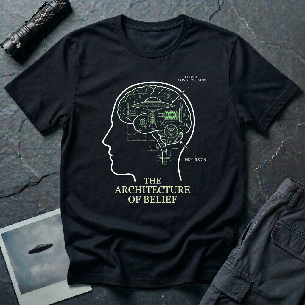 The Architecture of Belief consciousness UFO t-shirt — profile head with cutaway brain containing flying saucer and mechanical components in white and green on black cotton tee