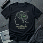 The Architecture of Belief consciousness UFO t-shirt — profile head with cutaway brain containing flying saucer and mechanical components in white and green on black cotton tee