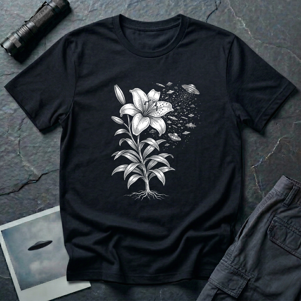 Space Lily surreal UFO art t-shirt — Victorian botanical lily illustration dissolving into flying saucers in white linework on black cotton tee