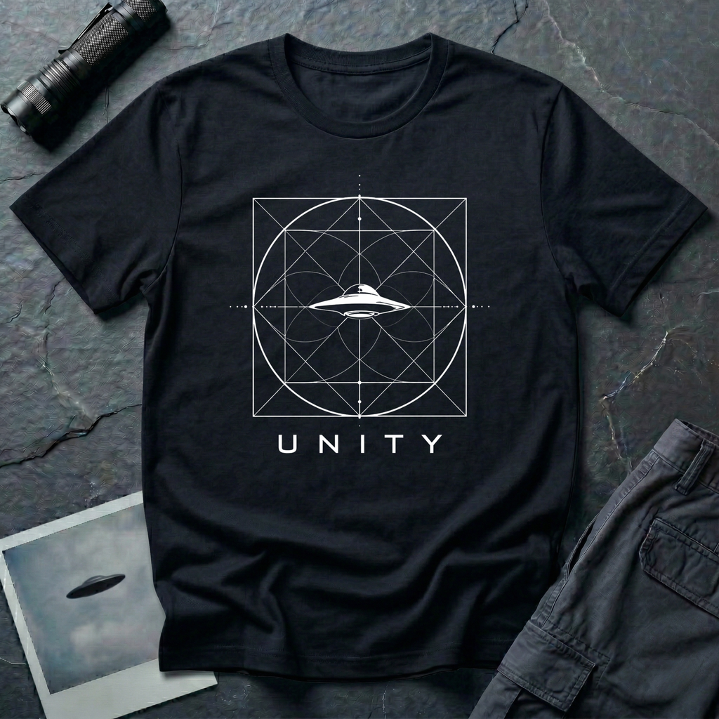 Unity sacred geometry UAP t-shirt — squared circle geometric diagram with flying saucer at centre on black unisex cotton tee