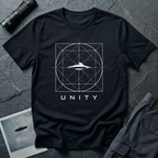 Unity sacred geometry UAP t-shirt — squared circle geometric diagram with flying saucer at centre on black unisex cotton tee