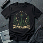 Supernature black triangle UFO t-shirt — triangle craft hovering over pine forest with birds on black unisex cotton tee
