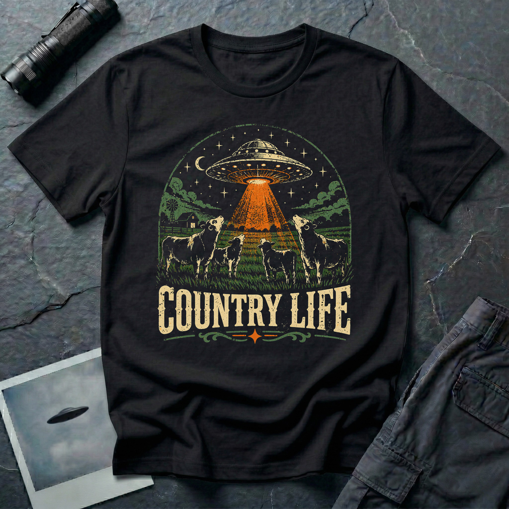 Country Life cow UFO t-shirt — flying saucer over farmyard with cattle on black unisex cotton tee