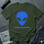 Alien Disclosure grey alien t-shirt — classic bulbous-head alien with almond eyes in electric blue on military green unisex cotton tee
