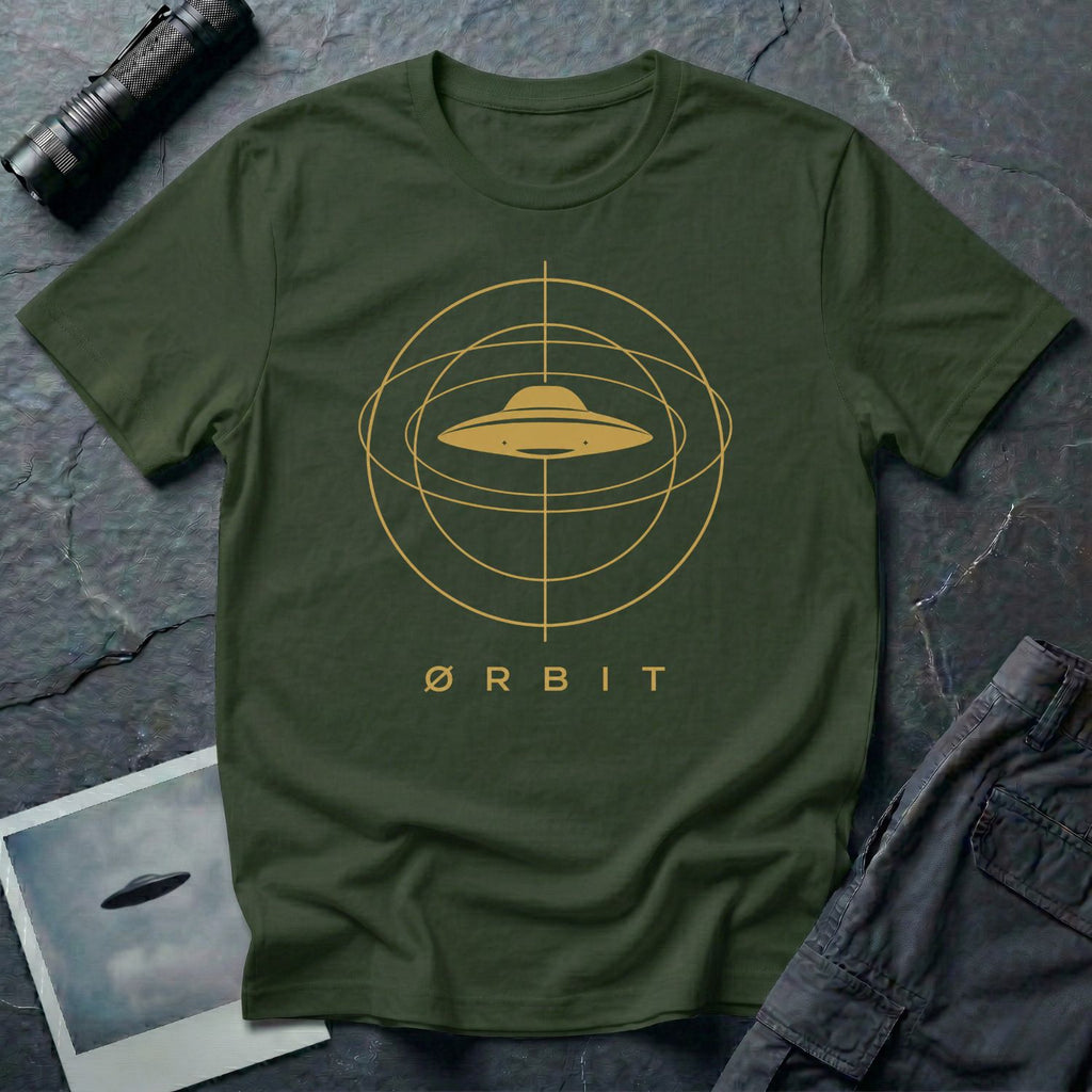 Orbit astronomical UFO t-shirt — flying saucer centred in a gold orbital sphere framework with "Ørbit" sans serif typography on military green cotton tee