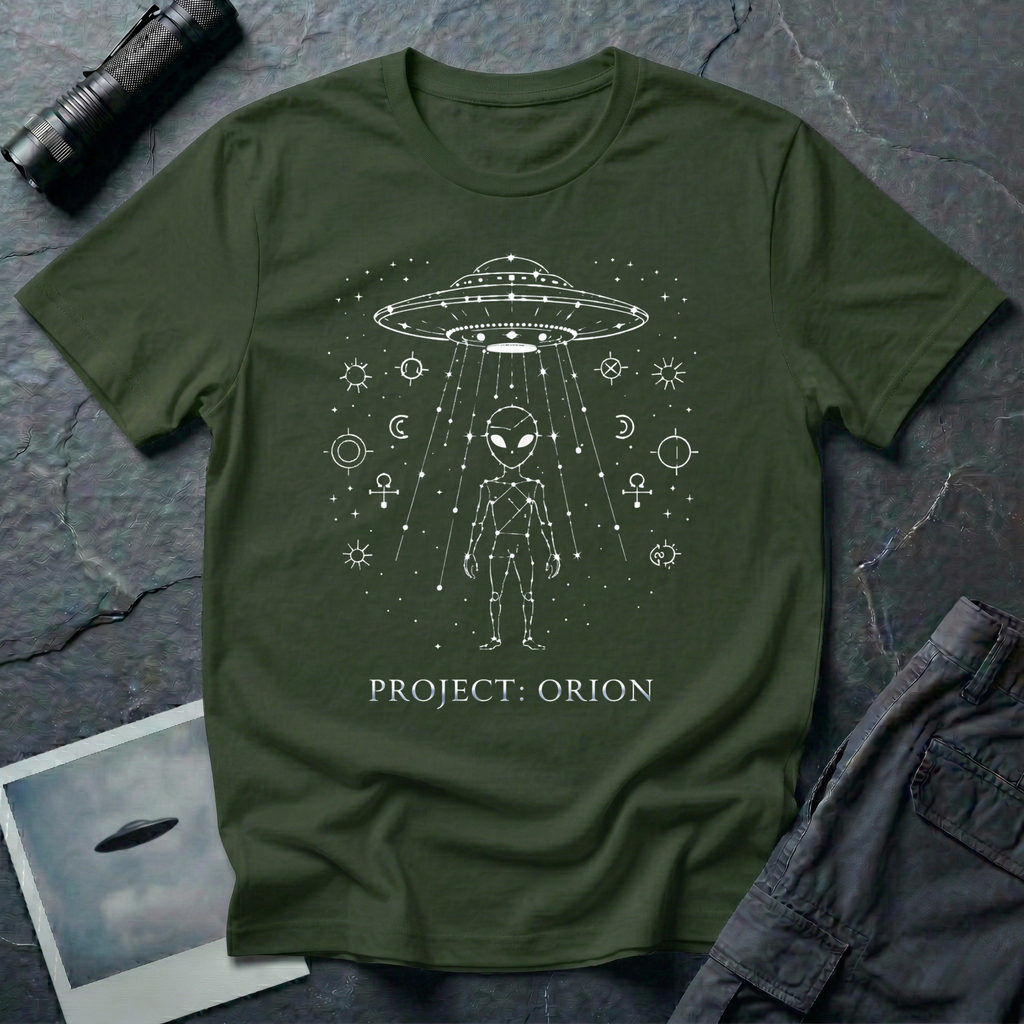 Project Orion experiencer UFO t-shirt — humanoid figure drawn as constellation with flying saucer above and esoteric sigils in white linework on green cotton tee