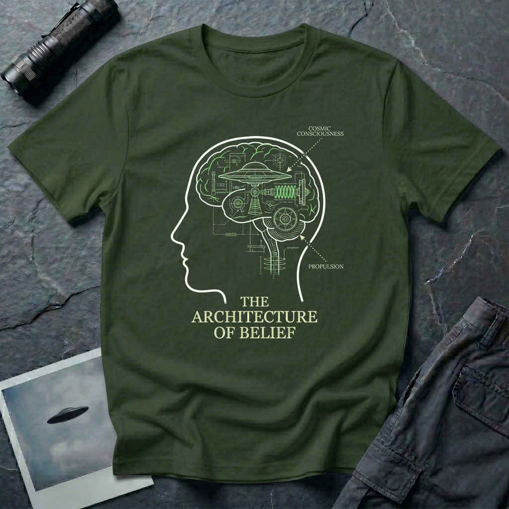 The Architecture of Belief consciousness UFO t-shirt — profile head with cutaway brain containing flying saucer and mechanical components in white and green on green cotton tee