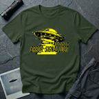 Error: Signal Lost hazard UFO t-shirt — classic flying saucer in hazard yellow and black with horizontal glitch bars and "ERROR: SIGNAL LOST" caption on green cotton tee