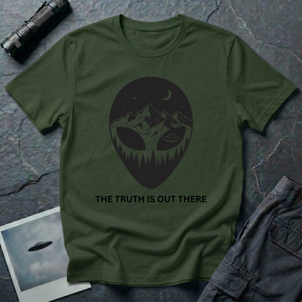 The Truth Is Out There alien head t-shirt — alien silhouette filled with mountains, pine forest and flying saucer on military green cotton tee