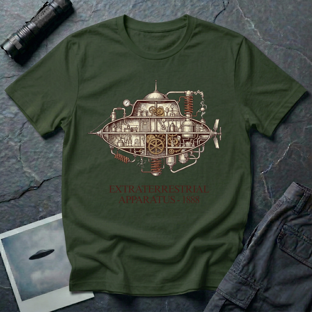 Extraterrestrial Apparatus steampunk UFO t-shirt — Victorian-era airship with exposed brass machinery gears and copper piping with "Extraterrestrial Apparatus 1888" caption on green cotton tee