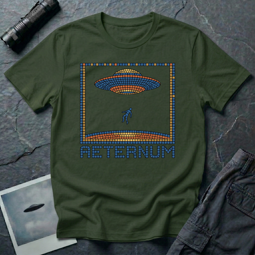 Aeternum Roman mosaic UFO t-shirt — flying saucer and abduction scene in blue and terracotta tile mosaic style on military green cotton tee