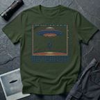 Aeternum Roman mosaic UFO t-shirt — flying saucer and abduction scene in blue and terracotta tile mosaic style on military green cotton tee