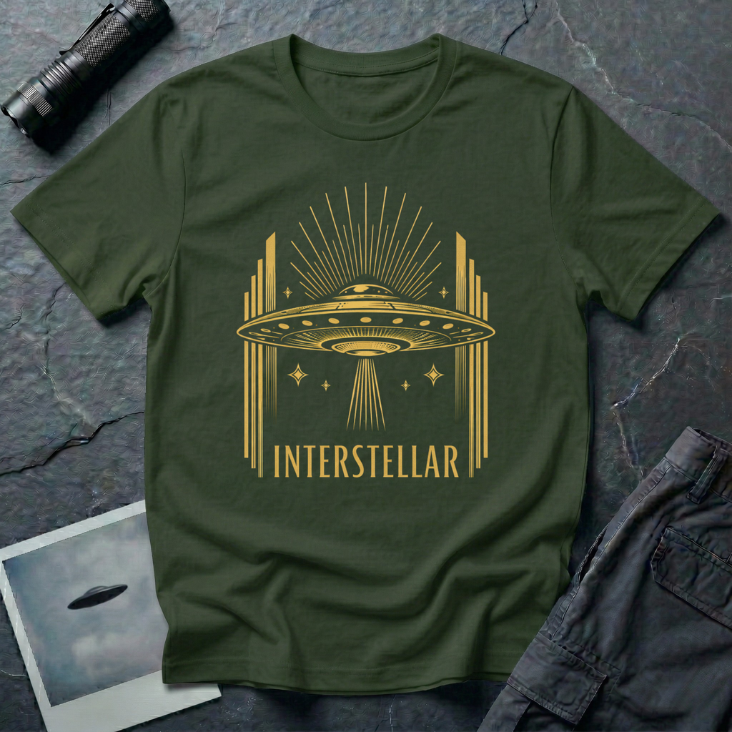 Interstellar Art Deco UFO t-shirt — flying saucer with stepped skyscraper verticals and sunburst rays in gold on military green cotton tee
