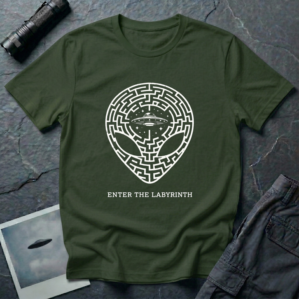 Enter The Labyrinth esoteric alien t-shirt — grey alien head filled with maze pattern and a flying saucer at the third eye in cream line-work on green cotton tee