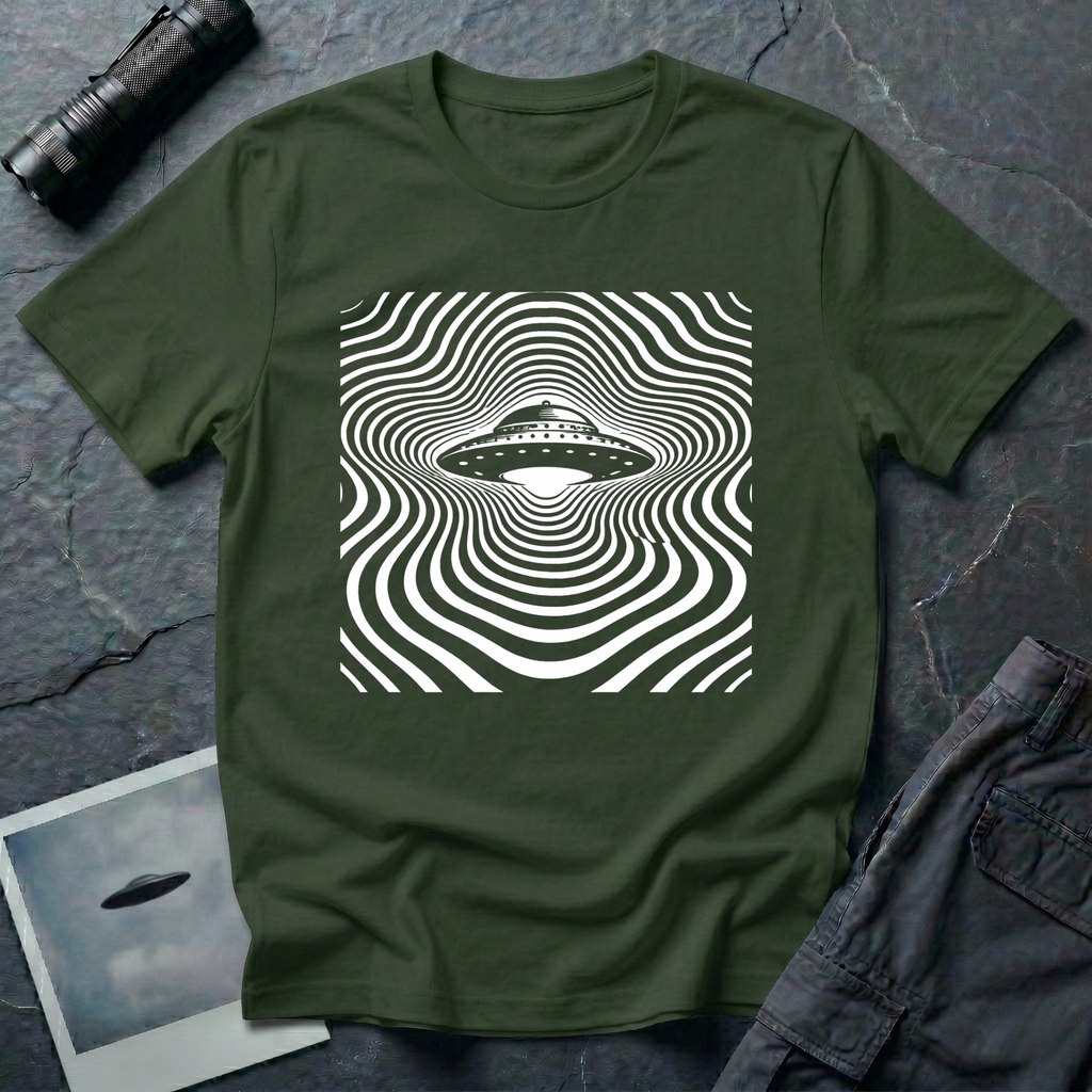 ypnotic op art UFO t-shirt — classic flying saucer at centre of rippling concentric wave-lines distorting around the craft in white on green cotton tee