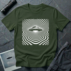 ypnotic op art UFO t-shirt — classic flying saucer at centre of rippling concentric wave-lines distorting around the craft in white on green cotton tee