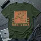 Aztec alien t-shirt — ancient astronaut figure with grey alien head in Mesoamerican feathered dress on stepped pyramid. Weathered stone relief on green cotton tee.
