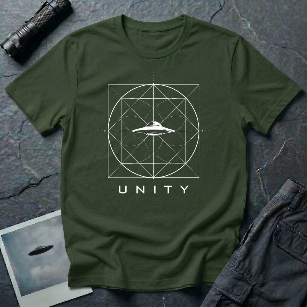 Unity sacred geometry UAP t-shirt — squared circle geometric diagram with flying saucer at centre on military green unisex cotton tee