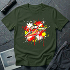 Crash Landing street art UFO t-shirt — flying saucer in explosive red, yellow, and white paint splatter with drips on green cotton tee