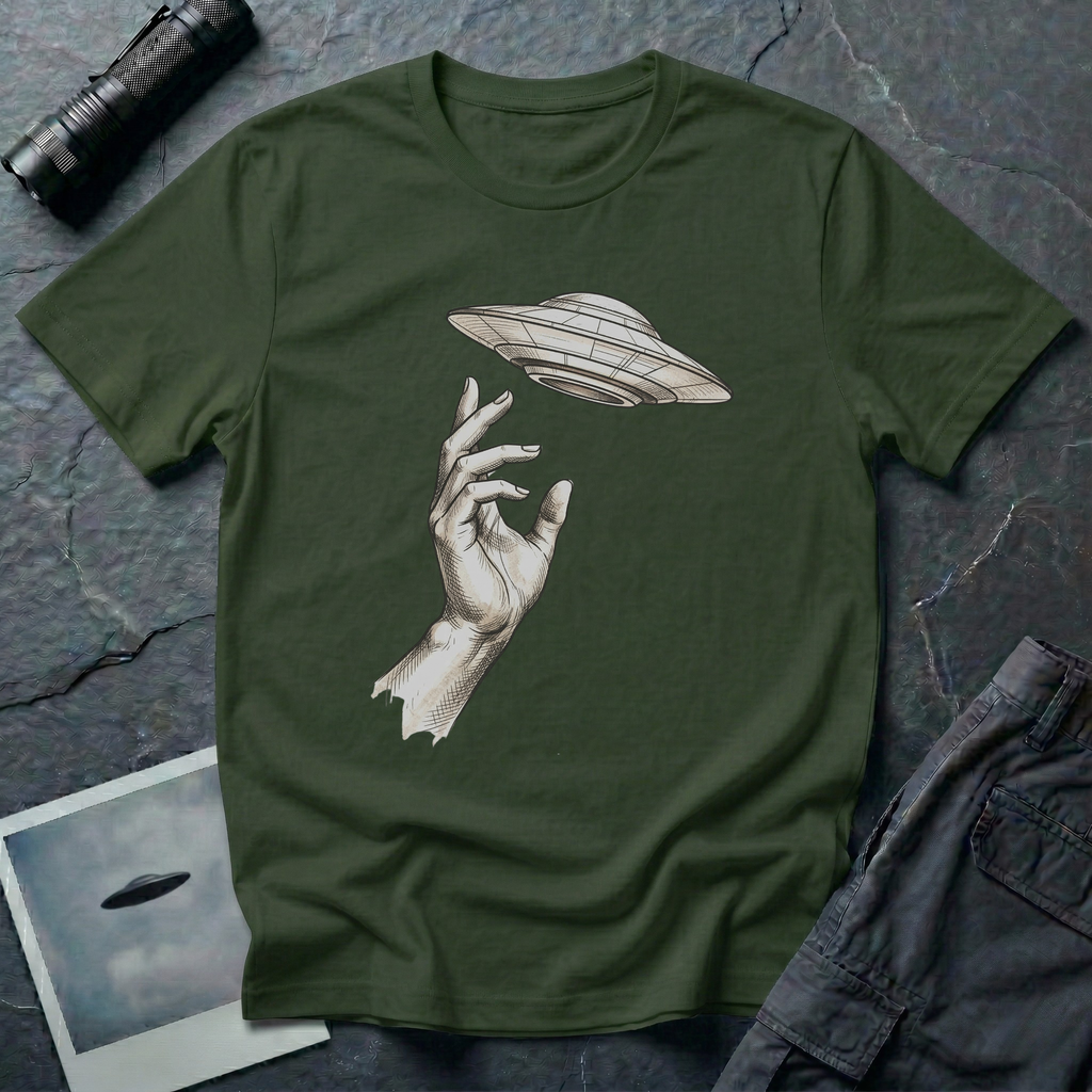 Da Vinci's UFO Renaissance t-shirt — classical ink sketch of a hand reaching for a flying saucer on military green unisex cotton tee