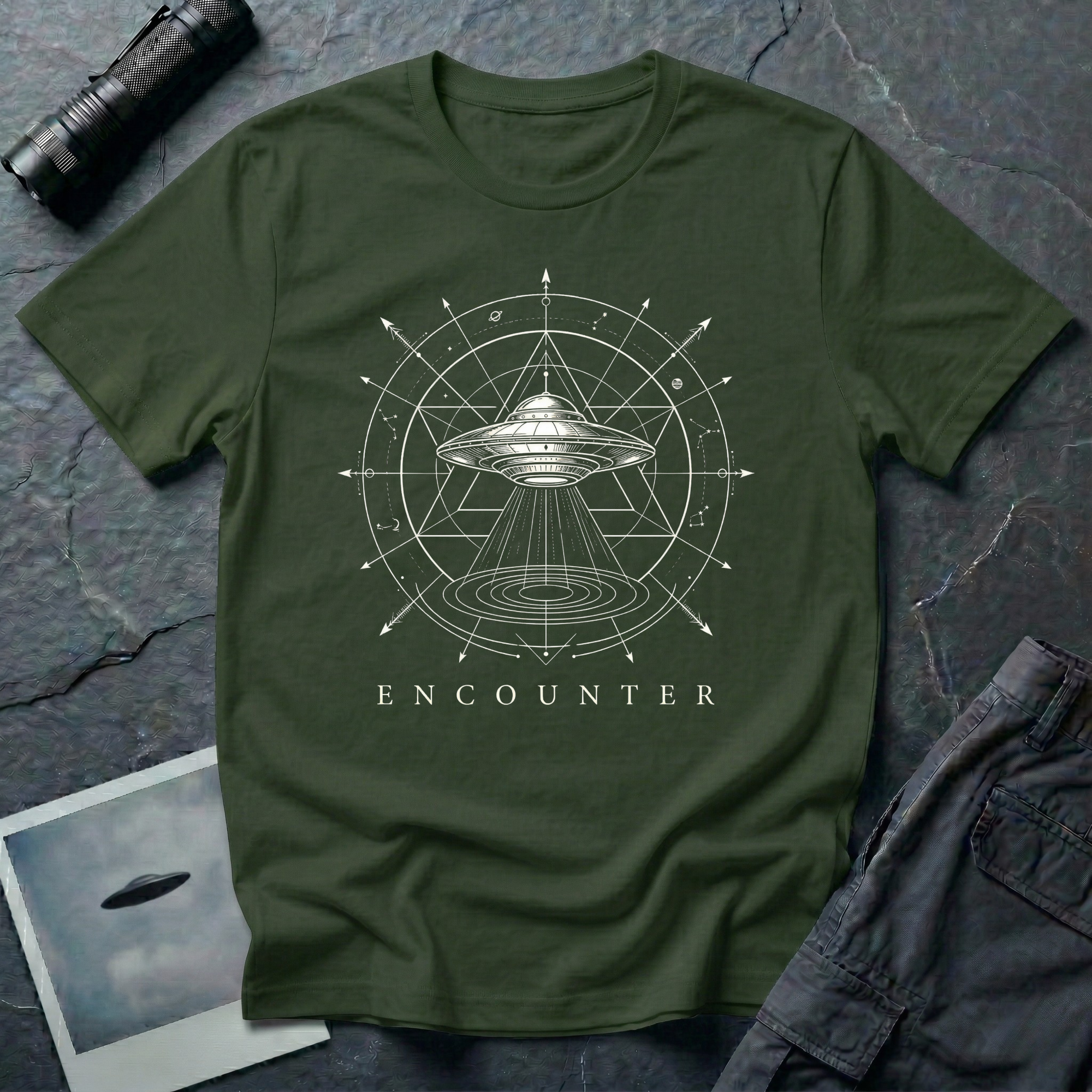 Encounter sacred geometry UFO t-shirt — flying saucer inside zodiac star chart and cosmological diagram on military green unisex cotton tee