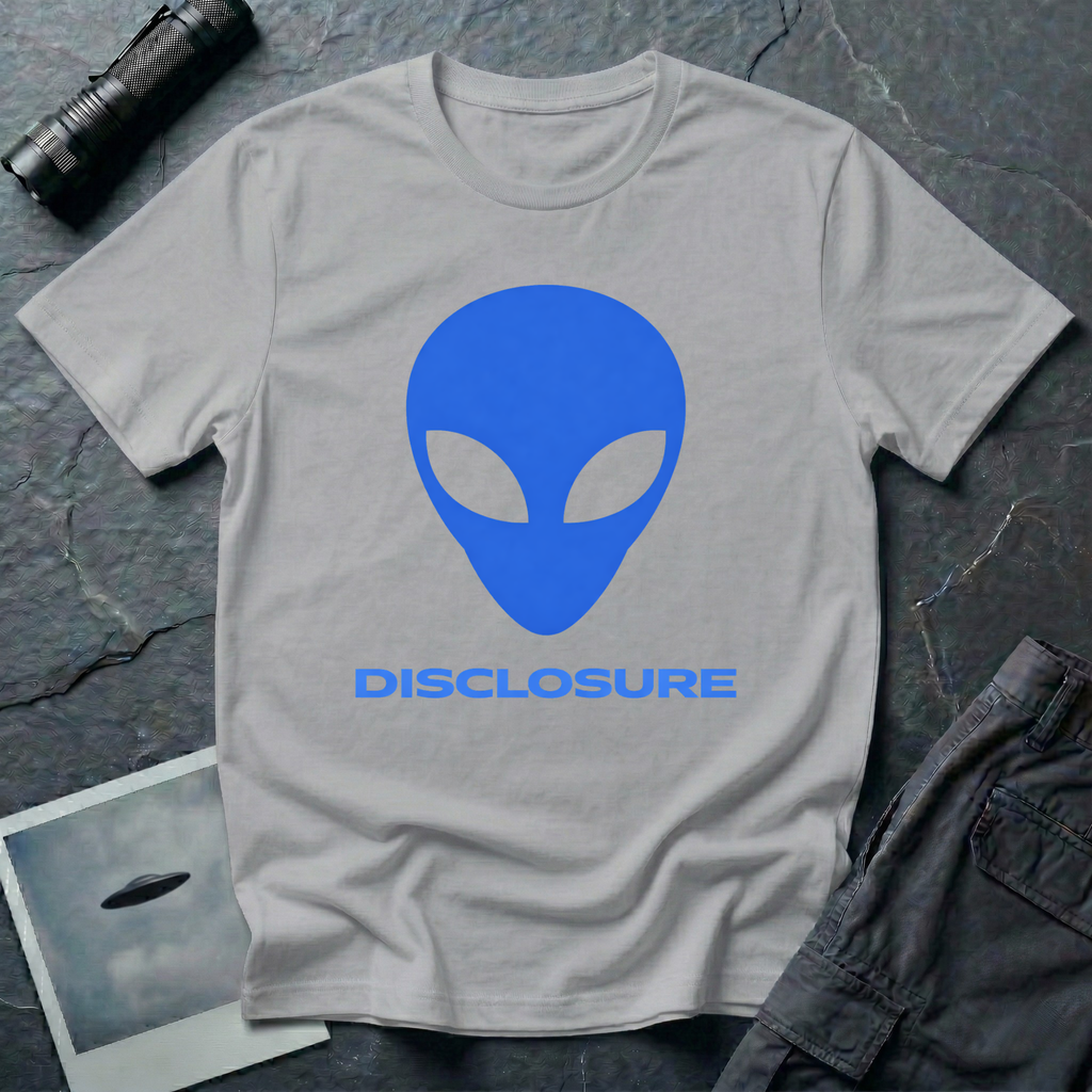 Alien Disclosure grey alien t-shirt — classic bulbous-head alien with almond eyes in electric blue on grey unisex cotton tee

