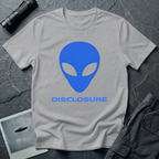 Alien Disclosure grey alien t-shirt — classic bulbous-head alien with almond eyes in electric blue on grey unisex cotton tee
