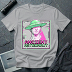 Ancient Astronaut vaporwave UFO t-shirt — classical Greek Roman marble bust statue in pink and purple with bright green flying saucer on head, digital glitch effects, gray distortion bars, and pixelated "ANCIENT ASTRONAUT" text in magenta and green on grey cotton tee