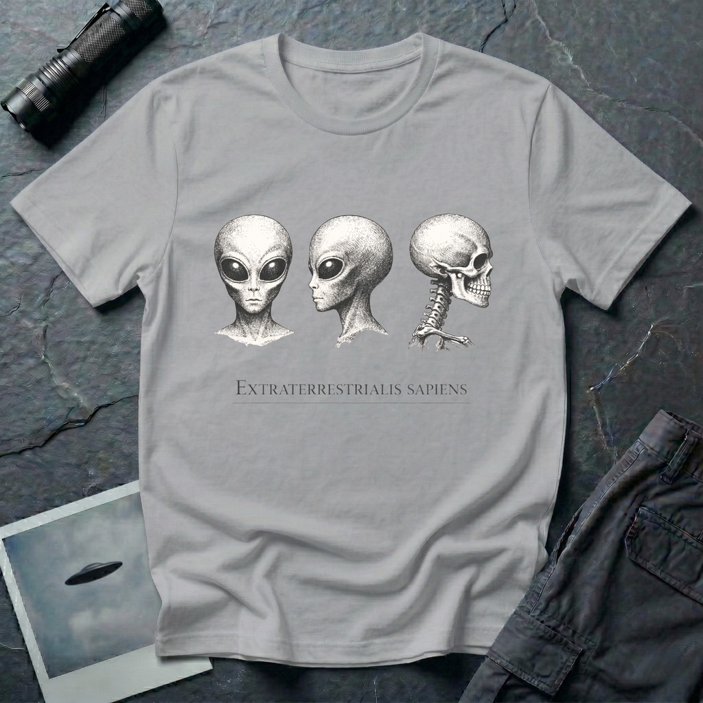 Extraterrestrialis Sapiens ancient aliens t-shirt — three heads in 19th-century anatomical study style with grey alien front and profile views and human skull on grey cotton tee