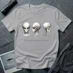 Extraterrestrialis Sapiens ancient aliens t-shirt — three heads in 19th-century anatomical study style with grey alien front and profile views and human skull on grey cotton tee