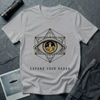 Expand Your Radar all seeing eye UFO t-shirt — sacred geometry frame around an eye containing a desert UFO encounter in gold and black linework on grey cotton tee
