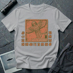 Aztec alien t-shirt — ancient astronaut figure with grey alien head in Mesoamerican feathered dress on stepped pyramid. Weathered stone relief on grey cotton tee.