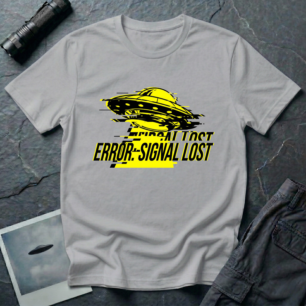 Error: Signal Lost hazard UFO t-shirt — classic flying saucer in hazard yellow and black with horizontal glitch bars and "ERROR: SIGNAL LOST" caption on grey cotton tee