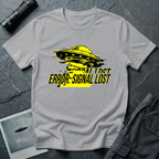 Error: Signal Lost hazard UFO t-shirt — classic flying saucer in hazard yellow and black with horizontal glitch bars and "ERROR: SIGNAL LOST" caption on grey cotton tee