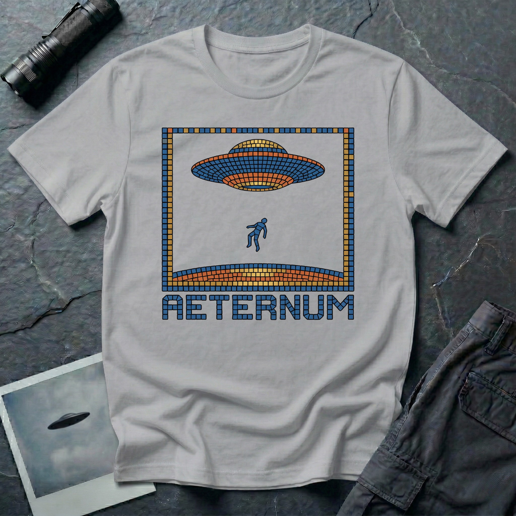Aeternum Roman mosaic UFO t-shirt — flying saucer and abduction scene in blue and terracotta tile mosaic style on grey cotton tee