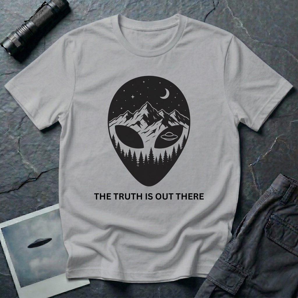 The Truth Is Out There alien head t-shirt — alien silhouette filled with mountains, pine forest and flying saucer on grey cotton tee