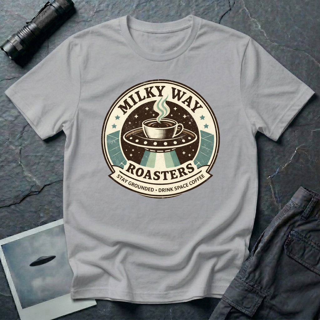 Milky Way Roasters coffee UFO t-shirt — vintage roaster badge with steaming cup on flying saucer and "Stay Grounded Drink Space Coffee" tagline on grey cotton tee