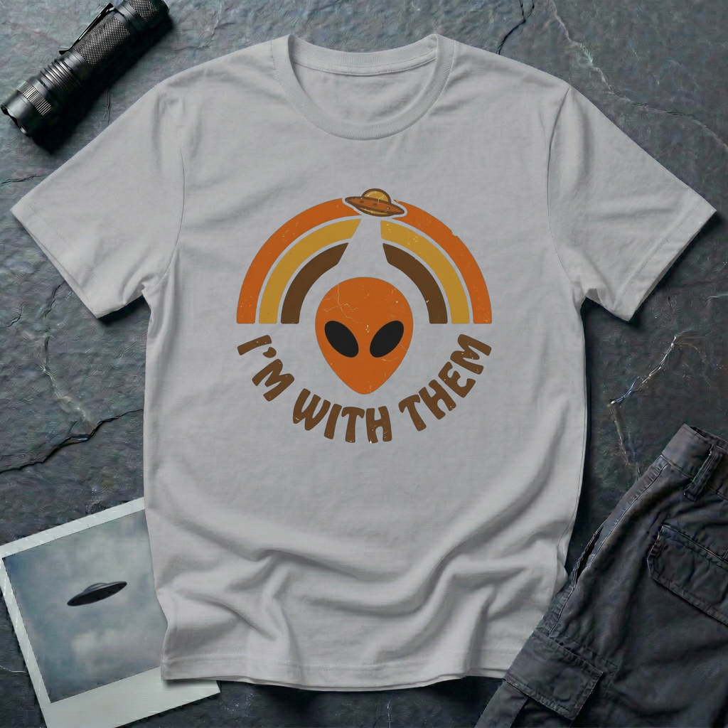 I'm With Them funny alien t-shirt — alien face with 70s sunburst arcs and ringed planet on grey unisex cotton tee