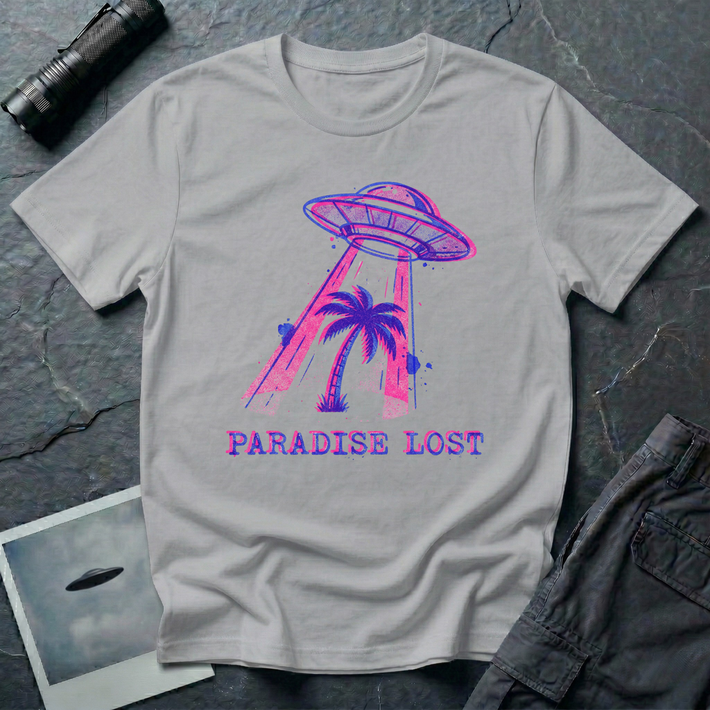 Paradise Lost tropical UFO t-shirt — palm tree being lifted into flying saucer tractor beam in pink and blue riso print with "Paradise Lost" caption on grey cotton tee