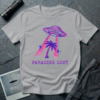 Paradise Lost tropical UFO t-shirt — palm tree being lifted into flying saucer tractor beam in pink and blue riso print with "Paradise Lost" caption on grey cotton tee