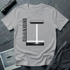 Unidentified graphic design UFO t-shirt — geometric Bauhaus-style saucer with vertical beam and "Unidentified" typography on grey cotton tee