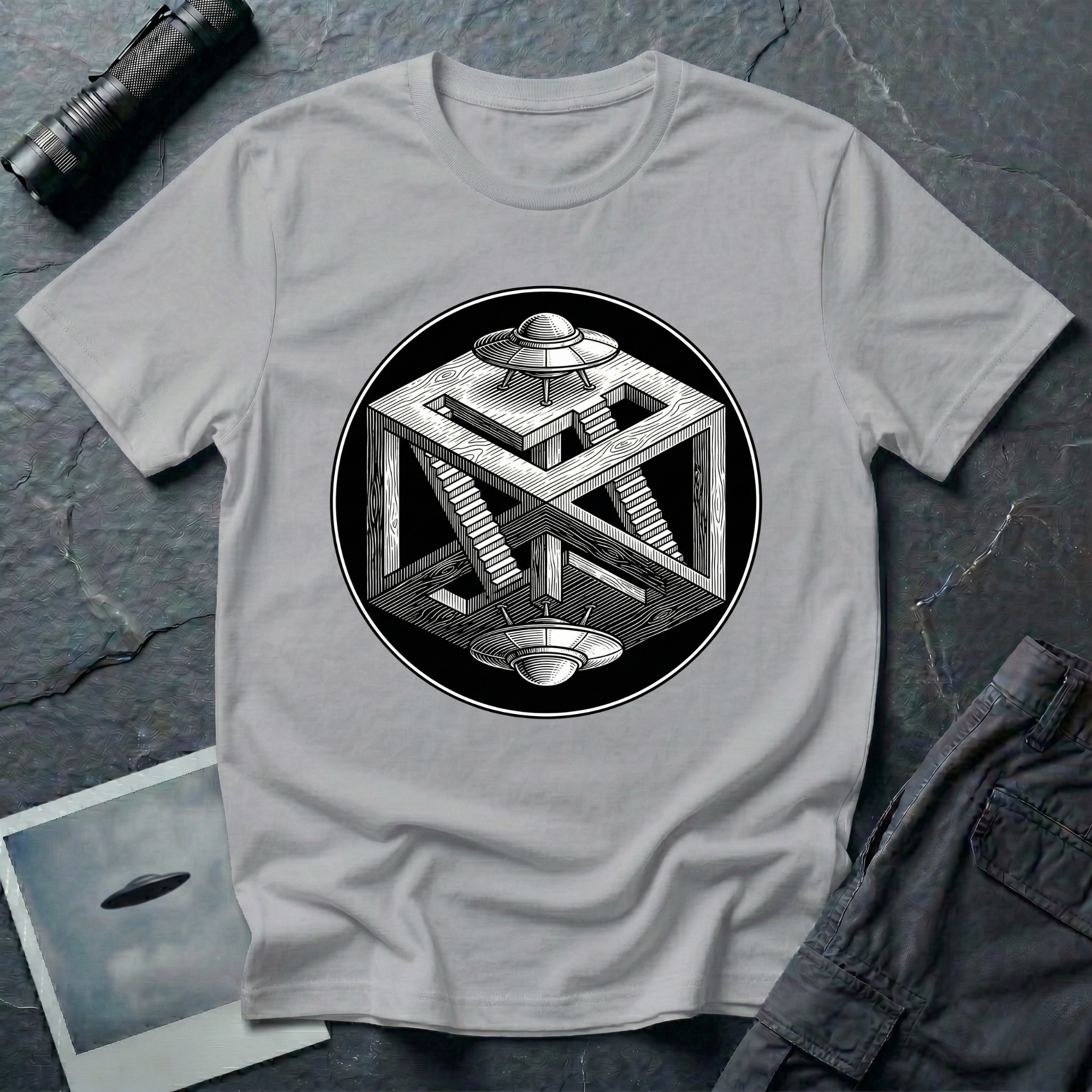 Escher UFO impossible geometry t-shirt — wood-engraved impossible cube with paradoxical staircases and two mirrored flying saucers inside a circular black medallion on grey cotton tee