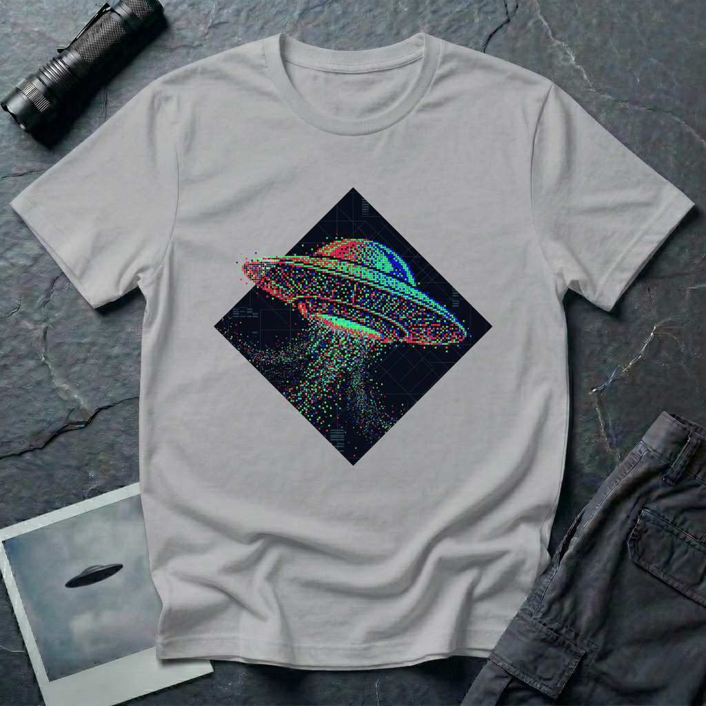 Glitch UFO t-shirt — flying saucer rendered in RGB pixel dots disintegrating inside a dark diamond frame on grey cotton tee