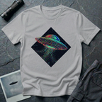 Glitch UFO t-shirt — flying saucer rendered in RGB pixel dots disintegrating inside a dark diamond frame on grey cotton tee