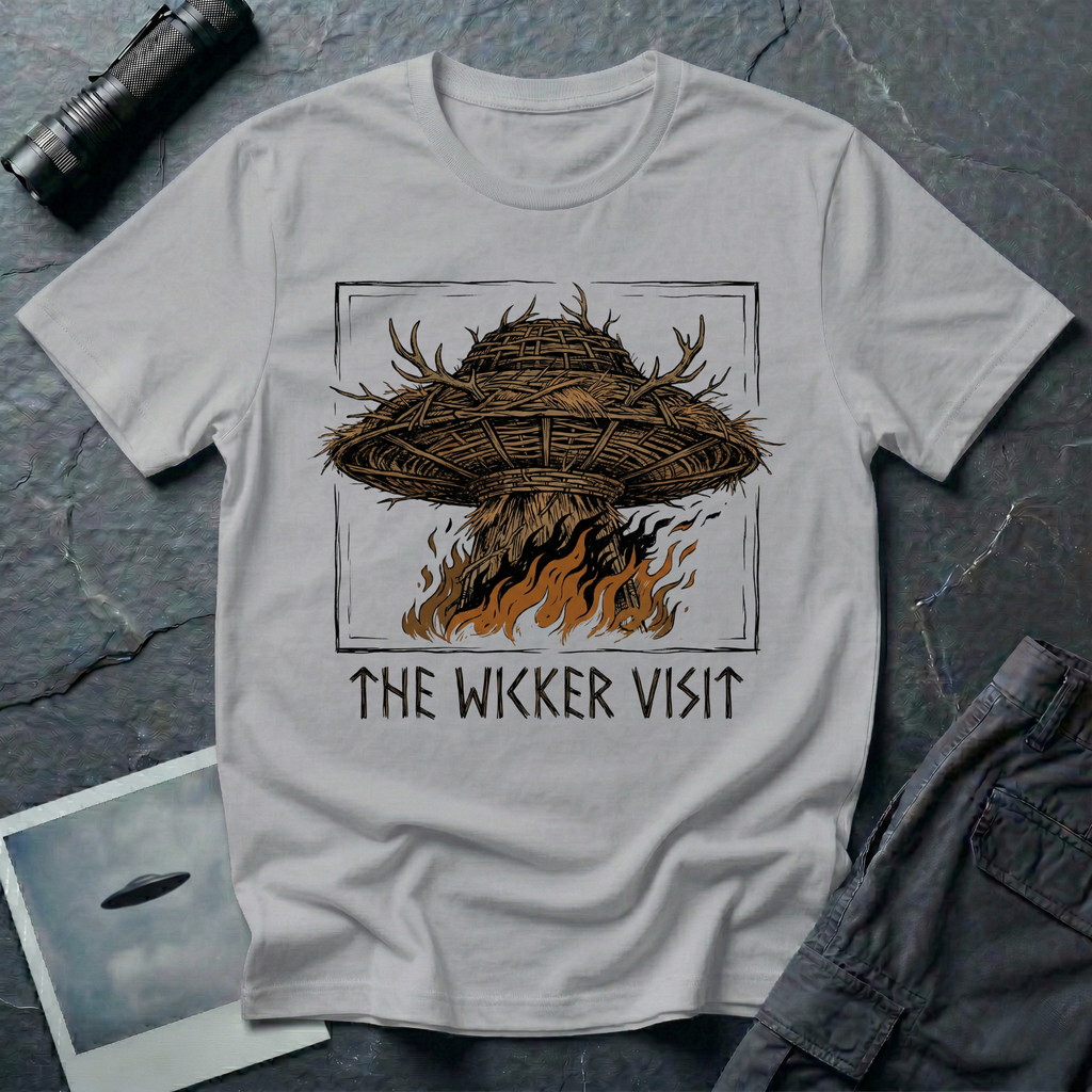 The Wicker Visit folk horror UFO t-shirt — woven wicker flying saucer with antler crown burning in orange flames on grey cotton tee