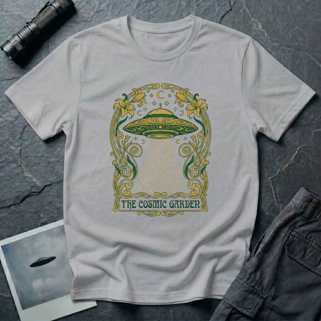 The Cosmic Garden Art Nouveau UFO t-shirt — ornate Mucha-style frame with flying saucer and botanical beam in green and gold on grey cotton tee
