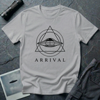 Arrival modern UAP t-shirt — minimalist flying saucer inside circle and triangle geometry on grey unisex cotton tee